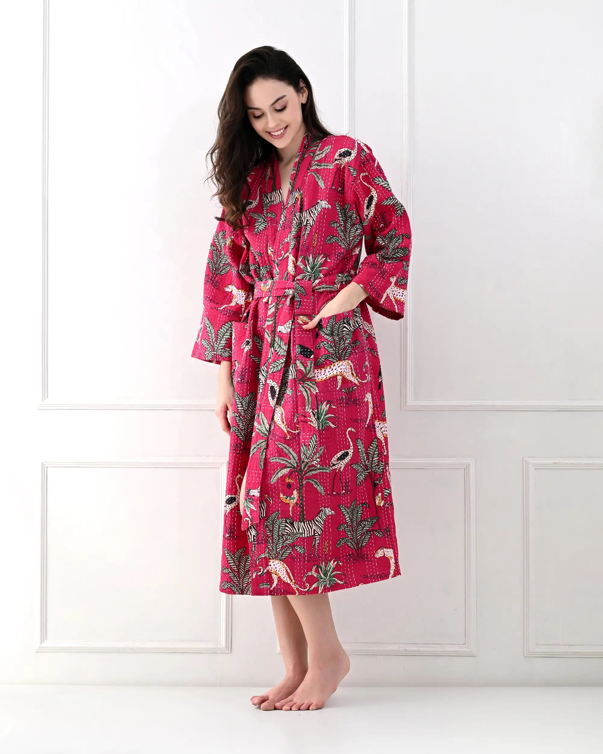 Exotic Tropic Red Cotton Bathrobe | Singhvis