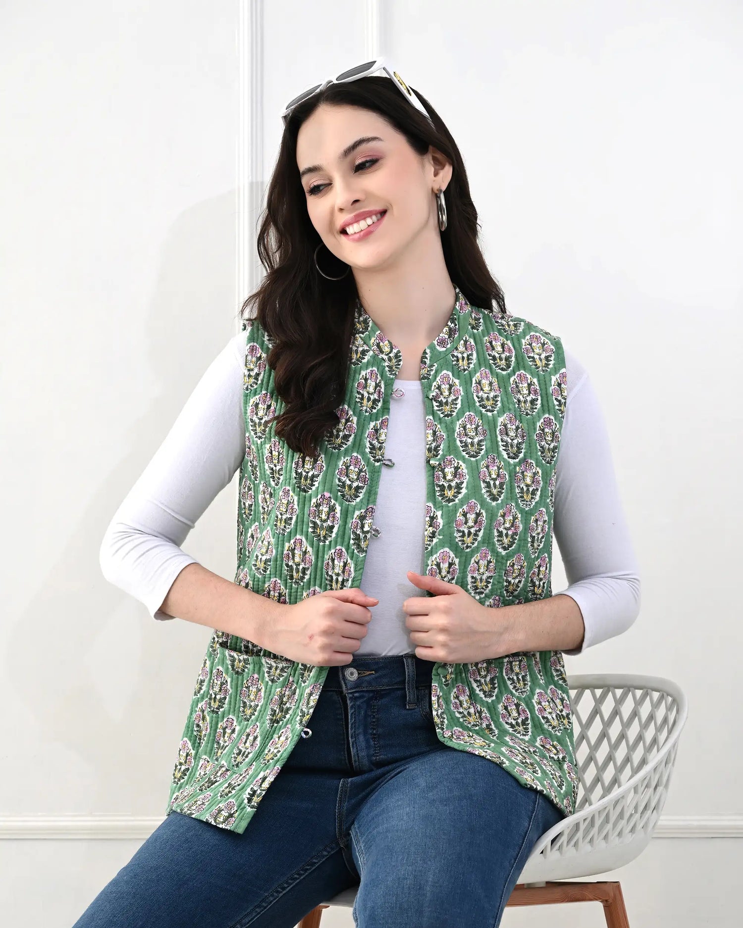 Green Lily Floral Quilted Jacket | Singhvis