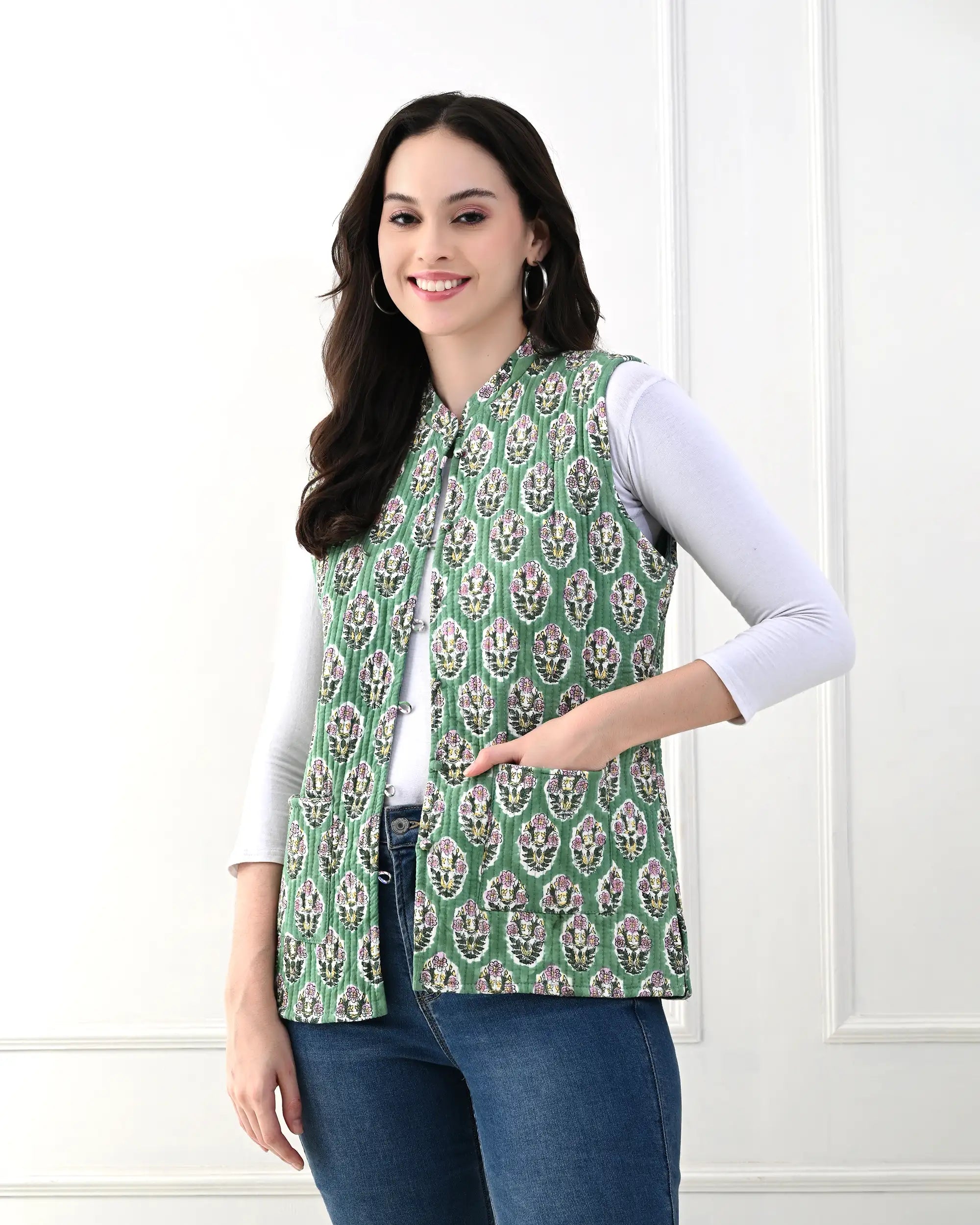 Green Lily Floral Quilted Jacket | Singhvis