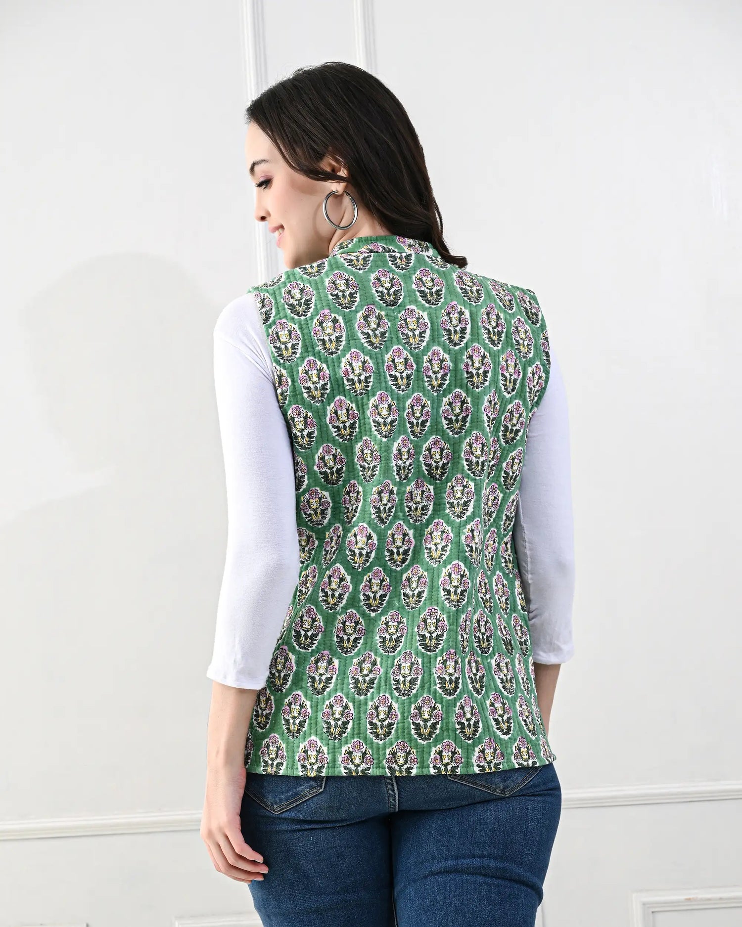 Green Lily Floral Quilted Jacket | Singhvis