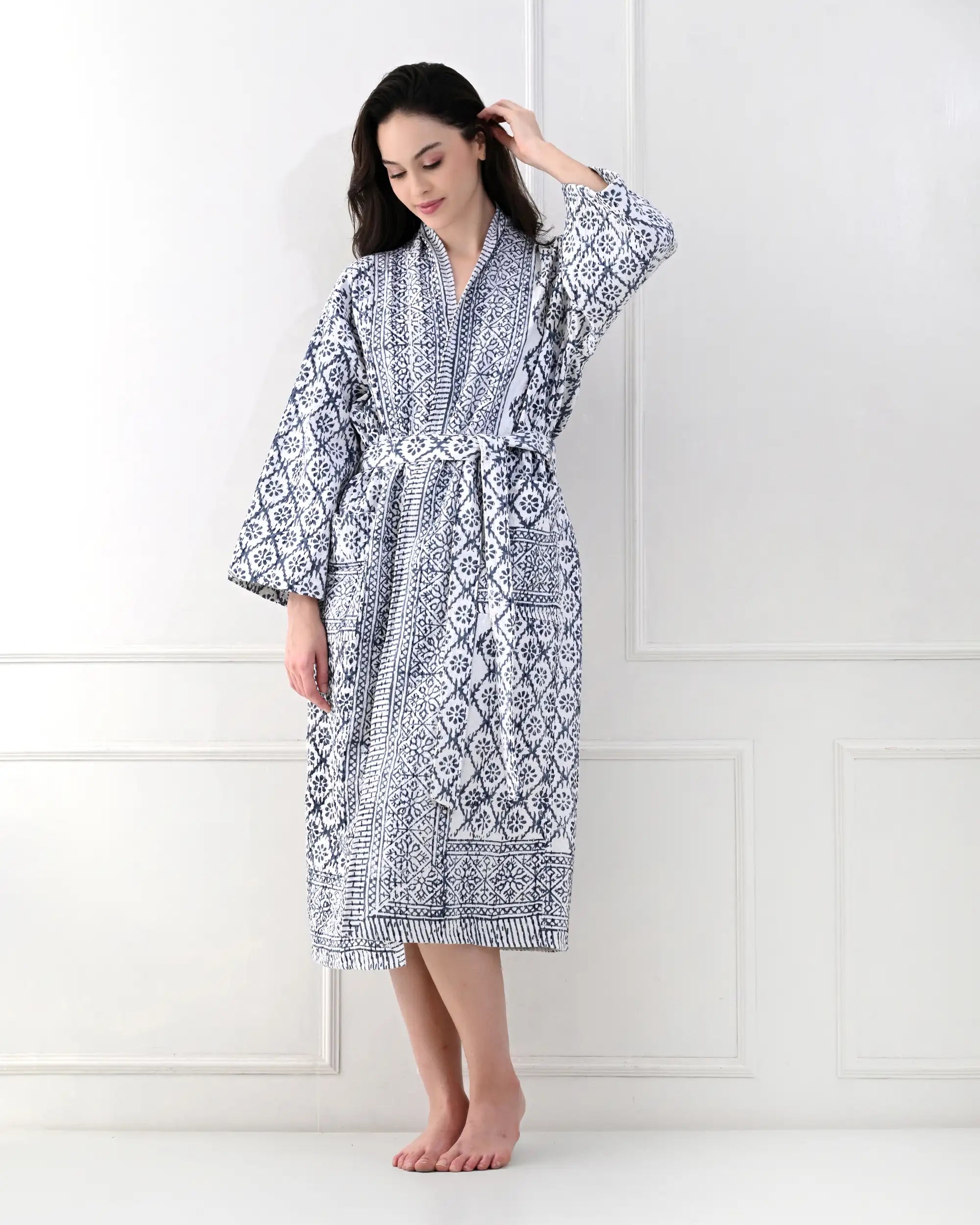 Harmony Blue Cotton Bathrobe | Singhvis