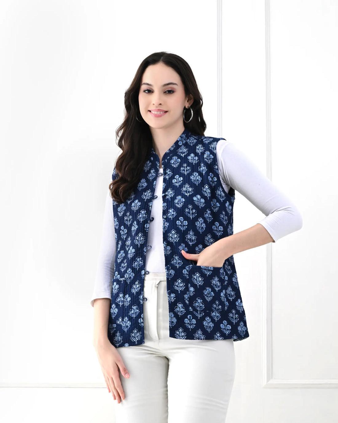 Midnight Blue Floral Quilted Jacket | Singhvis