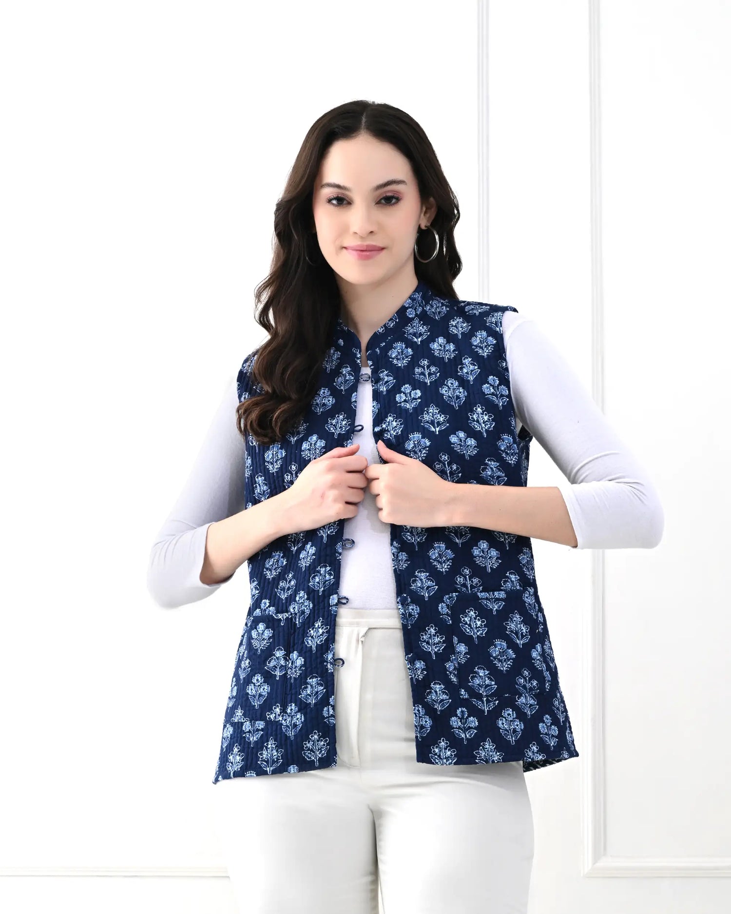 Midnight Blue Floral Quilted Jacket | Singhvis