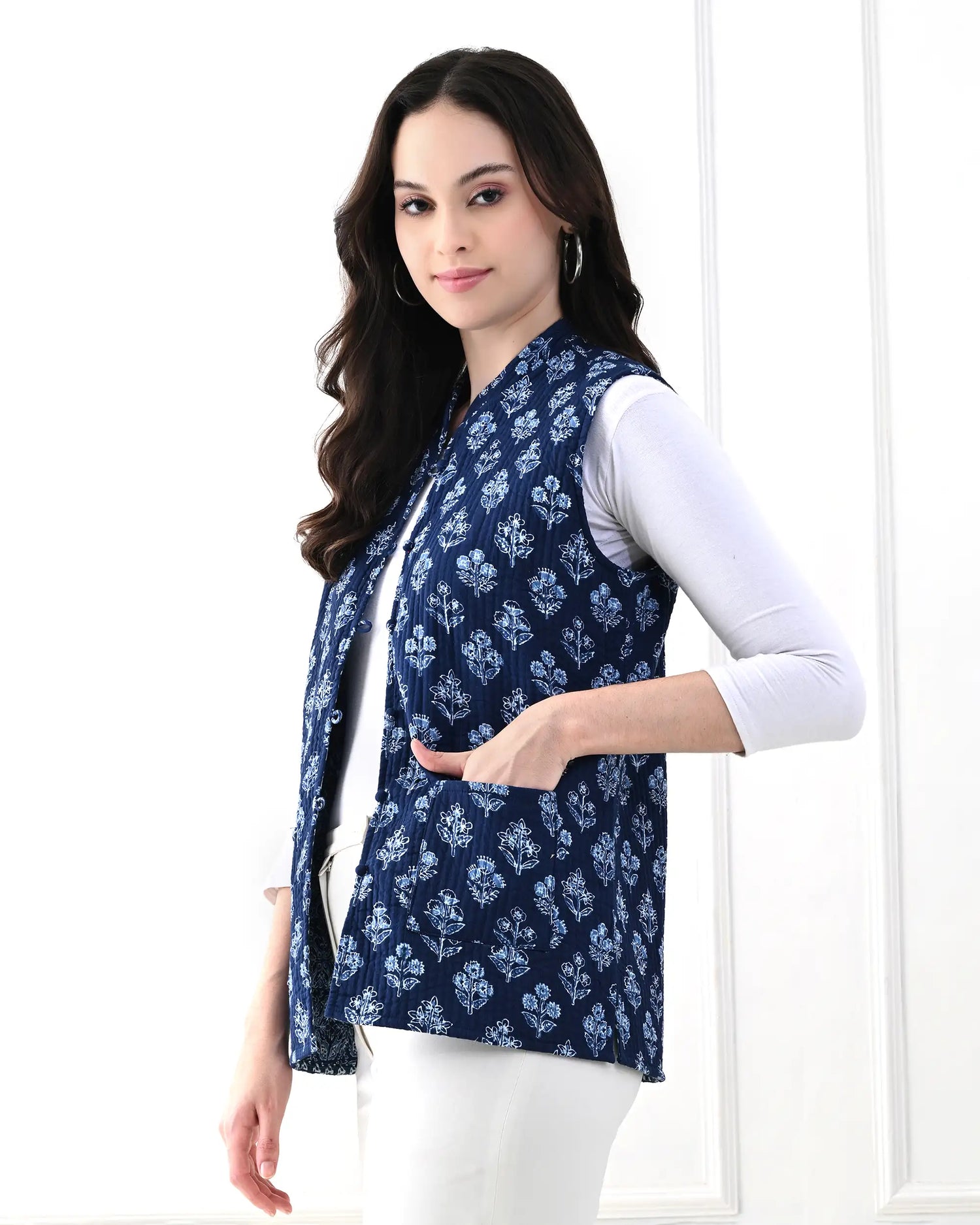 Midnight Blue Floral Quilted Jacket | Singhvis