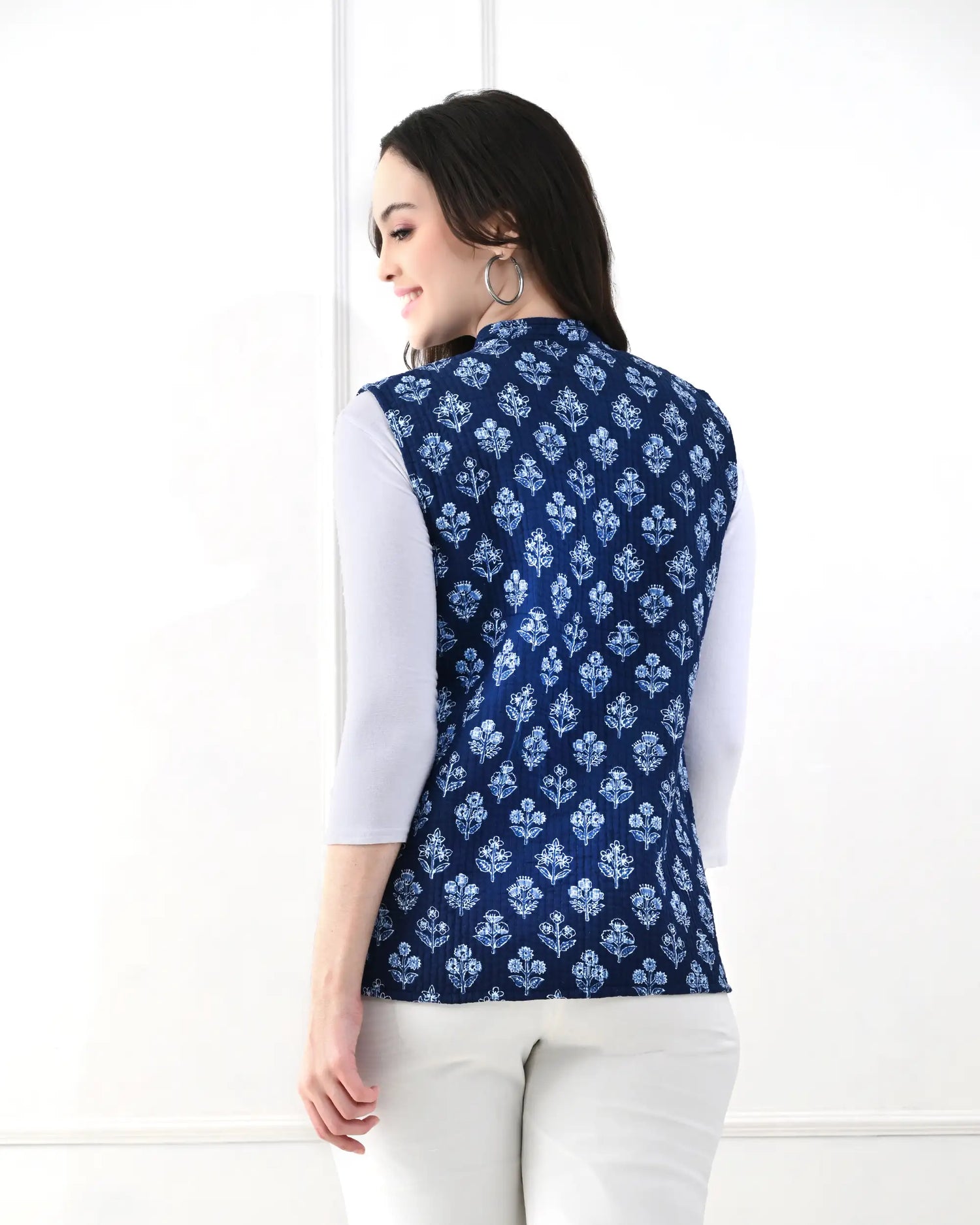 Midnight Blue Floral Quilted Jacket | Singhvis