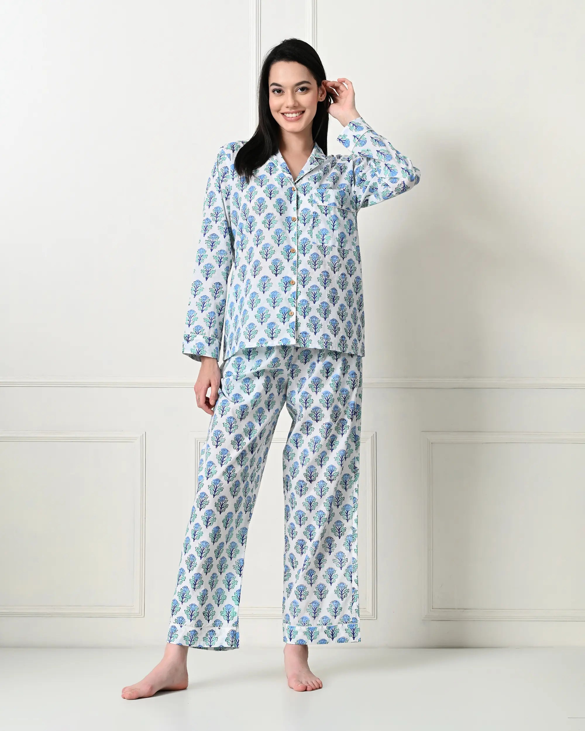 Organic Cotton Minty White Meadow Pajama Set | Singhvis