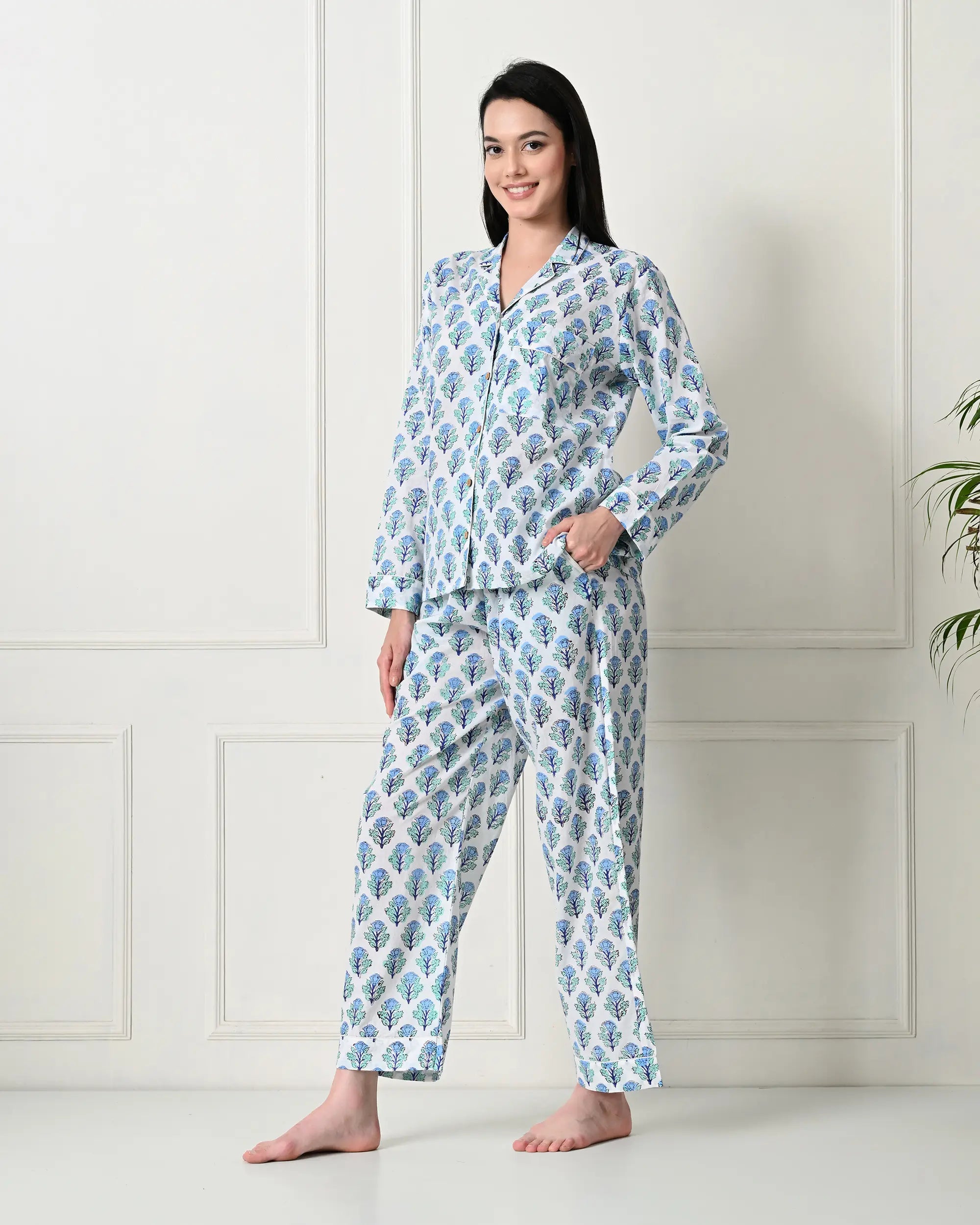 Organic Cotton Minty White Meadow Pajama Set | Singhvis