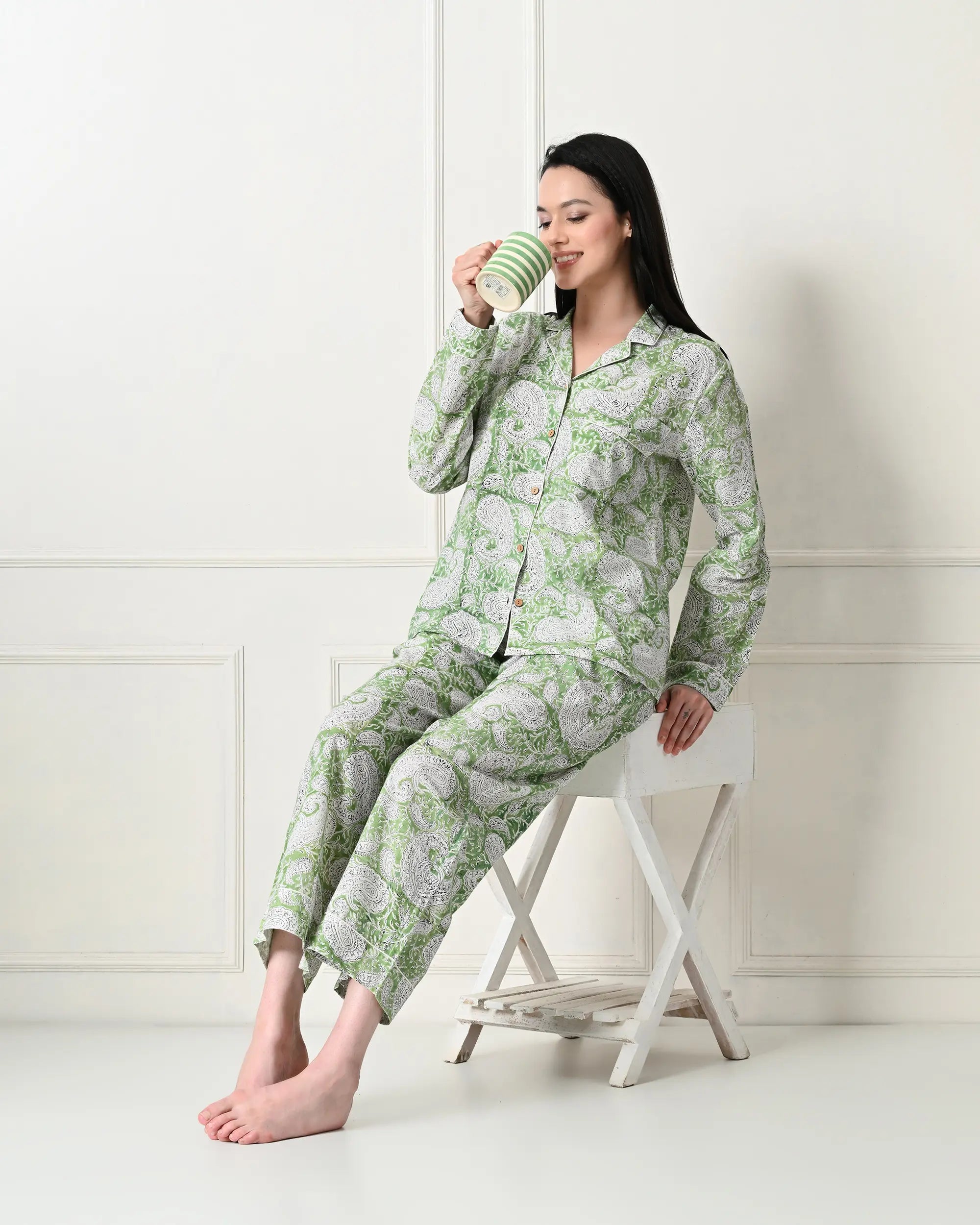 Organic Cotton Paisley Green Pajama Set | Singhvis