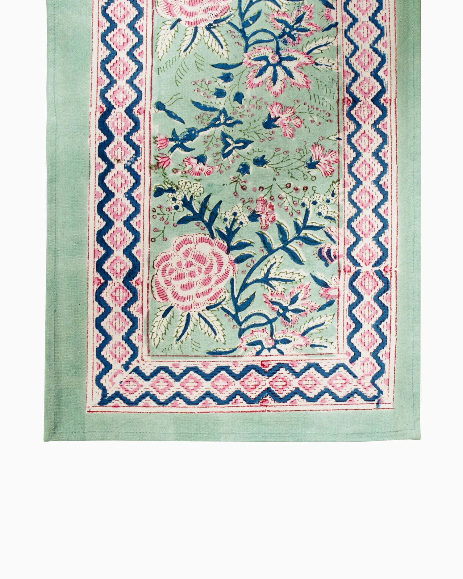 A beautiful green color table runner, with an elegant pink floral patterns. An essential table accessory that adds charm your home decor effortlessly.