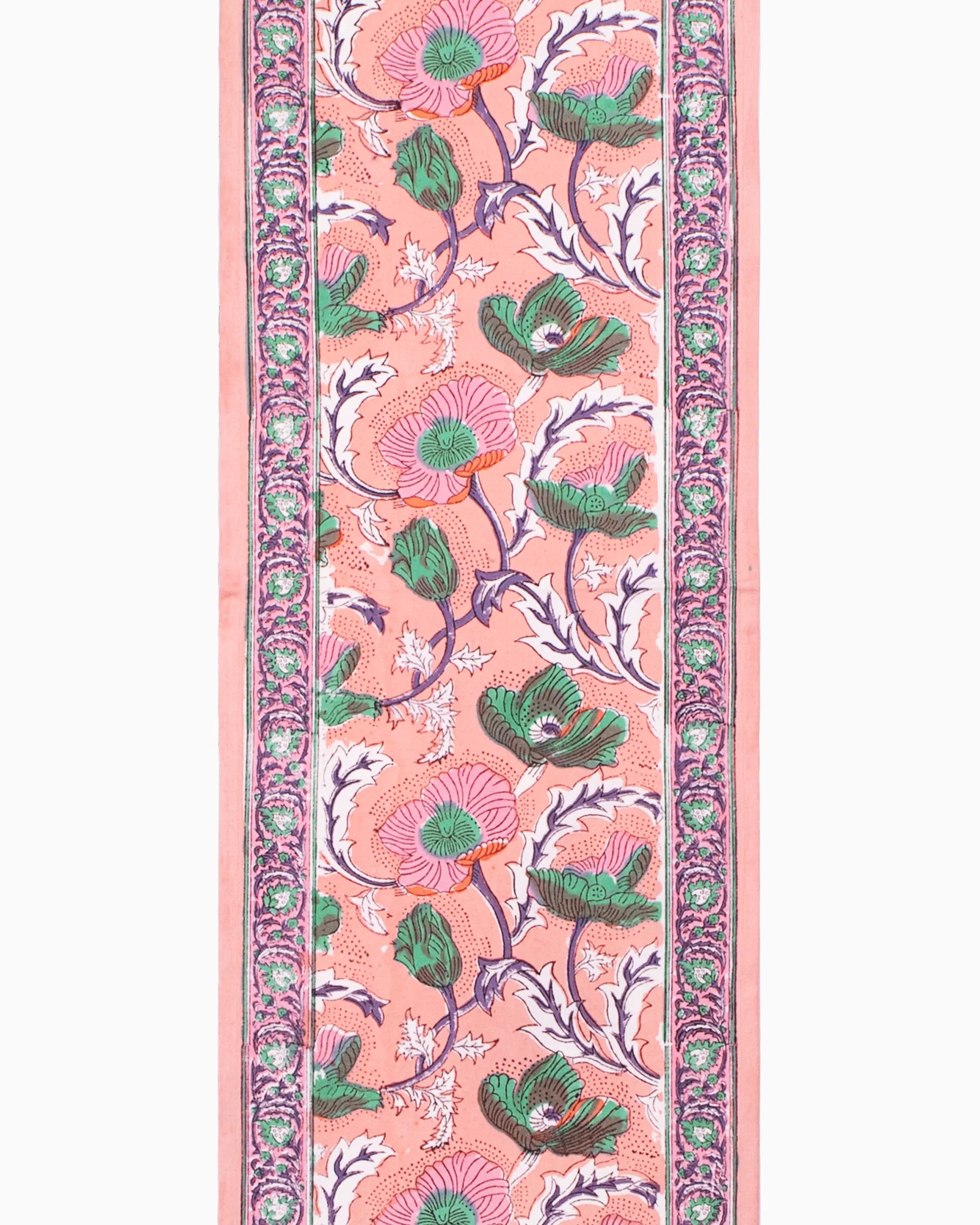 A beautiful pink color table runner, with an elegant green floral patterns. An essential table accessory that adds charm your home decor effortlessly.