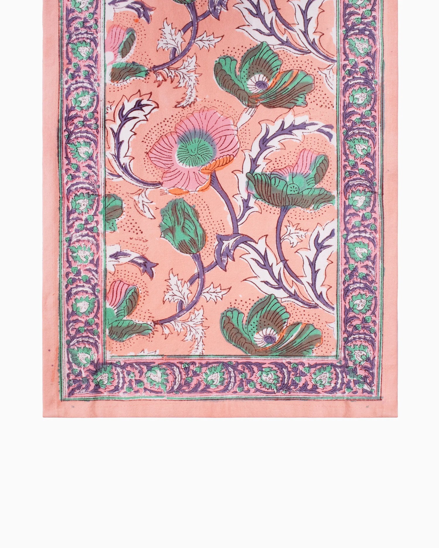 A beautiful pink color table runner, with an elegant green floral patterns. An essential table accessory that adds charm your home decor effortlessly.