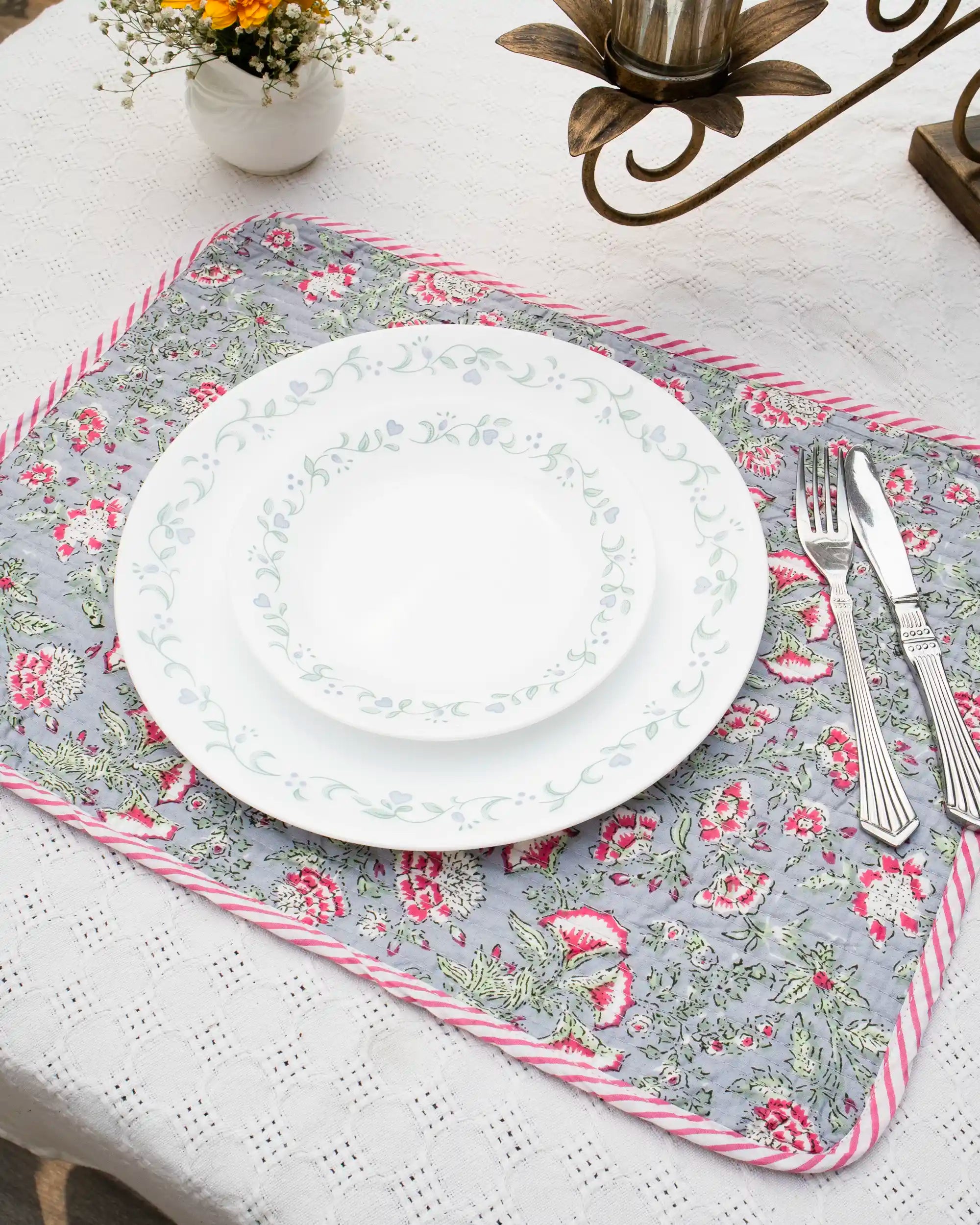 Slate Bloom Reversible Placemat Set (Choose 4 or 6) | Singhvis