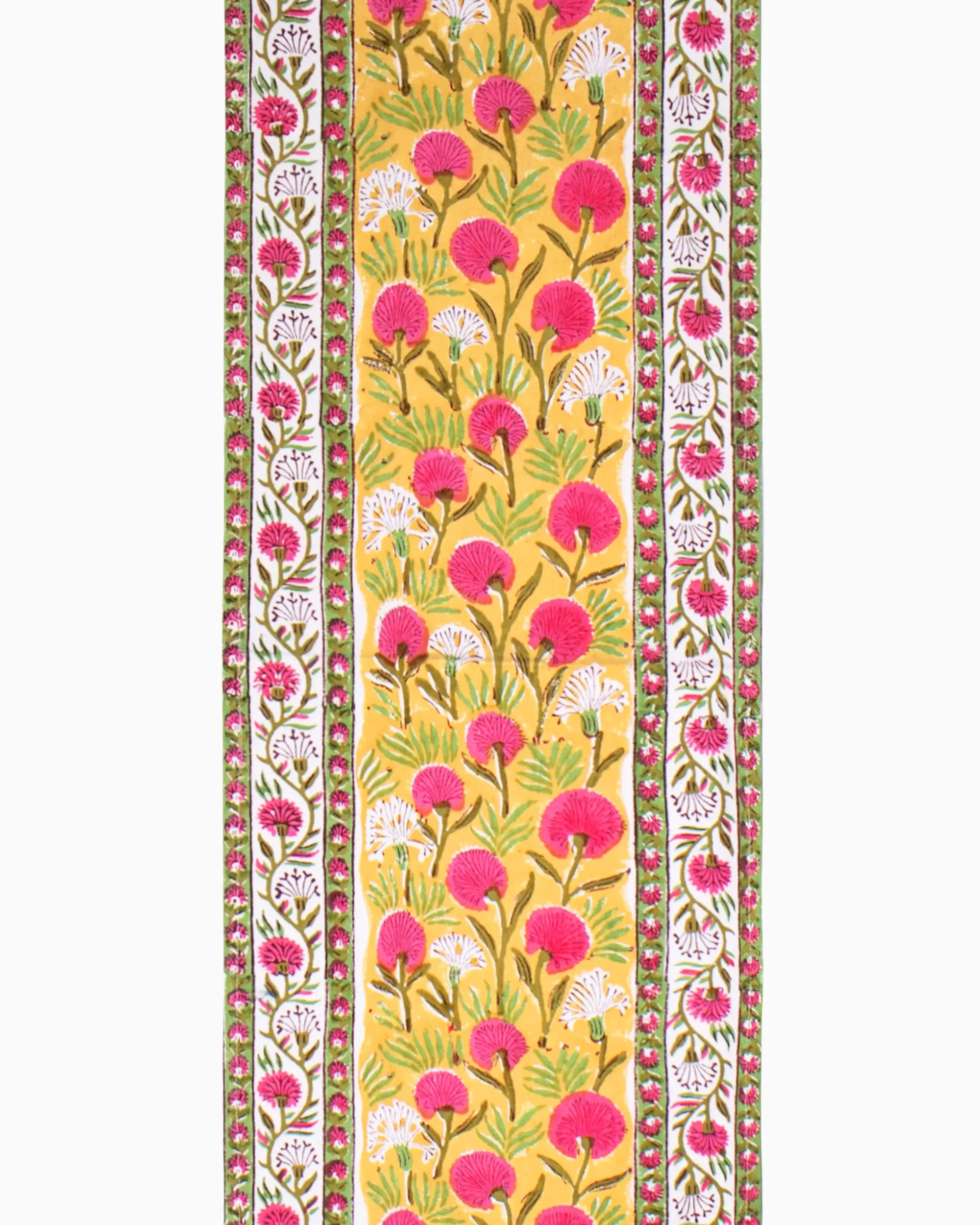 A beautiful yellow color table runner, with an elegant pink and white floral patterns. An essential table accessory that adds charm your home decor effortlessly.