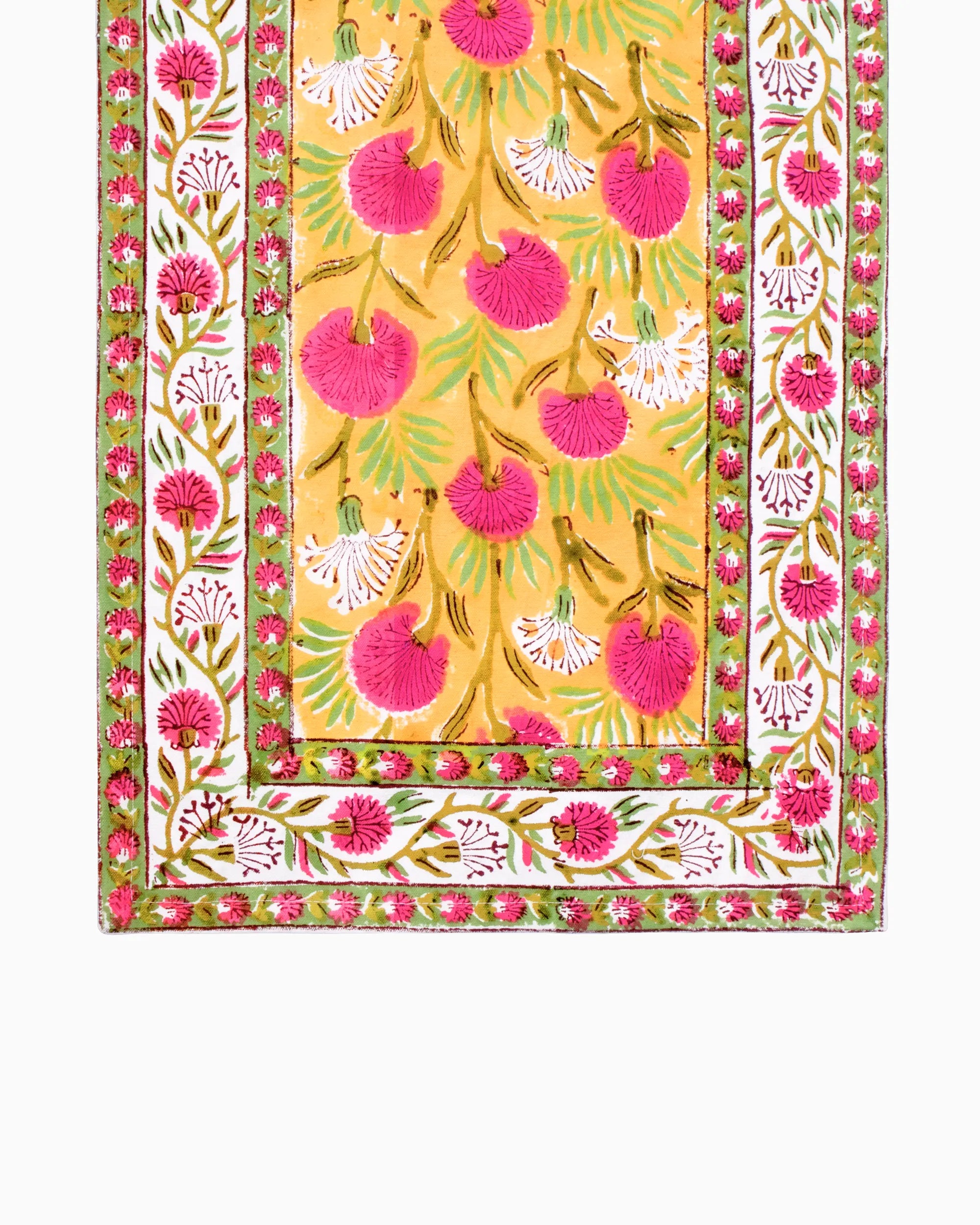 A beautiful yellow color table runner, with an elegant pink and white floral patterns. An essential table accessory that adds charm your home decor effortlessly.